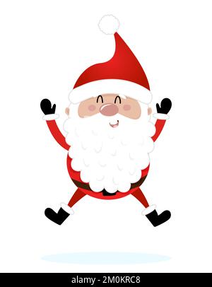 Jumping Santa - illustration de style dessin animé. Joyeux Noël et Bonne Année. Personnages drôles dans l'atelier du Père Noël. Illustration de Vecteur