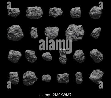 Ensemble d'astéroïdes isolés en noir. Météorites. 3D rendu. Astéroïdes isolés sur du noir pur pour faciliter l'utilisation et l'intégration dans votre conception. Banque D'Images