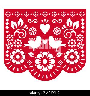 Saint-Valentin découpe de papier décoration mexicaine Papel Picado dessin vectoriel avec des oiseaux, coeur et fleurs, fond rouge Illustration de Vecteur