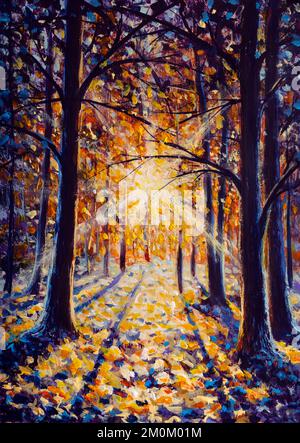 Soleil de peinture à l'huile verticale dans la forêt d'hiver. Chaud soleil hiver paysage impressionnisme peinture moderne Banque D'Images