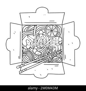 Boîte en papier avec nouilles aux crevettes et légumes dessinés à la main. Vue de dessus d'une horizontale Illustration de Vecteur