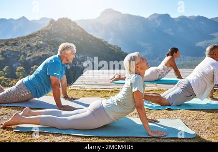 Groupe d'aînés divers pratiquant la posture du cobra pendant la formation de groupe au yoga. Personnes matures s'exerçant ensemble dans la nature avec vue sur la montagne dans Banque D'Images