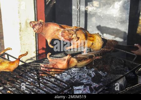 Nourriture de rue à Banos, Equateur cochons d'Inde rôtis (Cuy) prêts à être mangés Banque D'Images