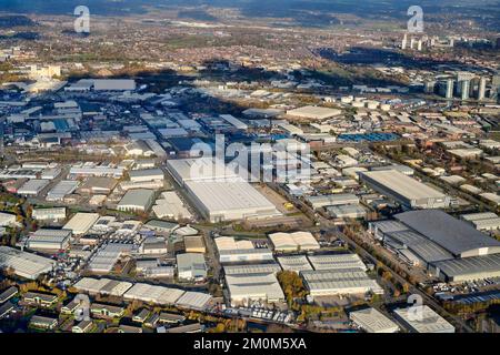 Vue aérienne de Trafford Park Industrial Estate, Manchester, Angleterre du Nord-Ouest, Royaume-Uni Banque D'Images