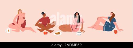 Ensemble vectoriel de belles femmes de différentes origines ethniques et de couleur de peau portant des pyjamas et de boire du thé. Copines en pyjama. Images du coucher de femmes isolées sur beige. Illustration vectorielle Illustration de Vecteur