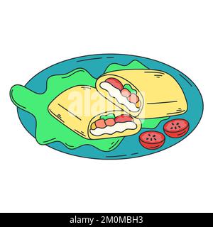 Illustration de la couleur du burrito du plat mexicain national. Tortilla au blé avec pince à farcir vecteur alimentaire latino-américain Illustration de Vecteur