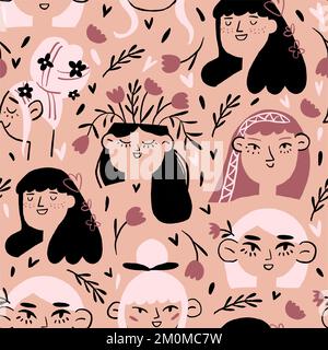 Motif vectoriel sans couture avec portraits de femmes romantiques, fleurs, couleurs pastel. Motif romantique pour filles. Illustration vectorielle Illustration de Vecteur