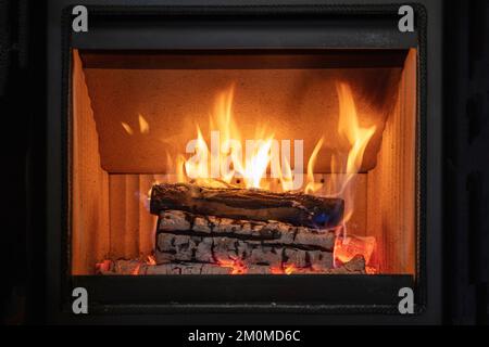 Flammes de feu et bûches de bois brûlantes, foyer à énergie électrique proche, vue de face. Accueil chaleureux en hiver Banque D'Images