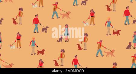 Motif vectoriel sans couture avec des randonneurs qui marchent les chiens sur fond beige. Creusez les propriétaires et les chiens sur la promenade. Motif chien. Illustration vectorielle Illustration de Vecteur