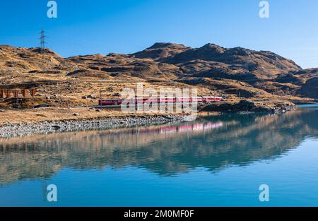 er 2022: Le train rouge dans les Alpes suisses de la compagnie ferroviaire Rhaetian Railway longe le lac 'Lago Bianco' près du sommet du col de la Bernina. Banque D'Images