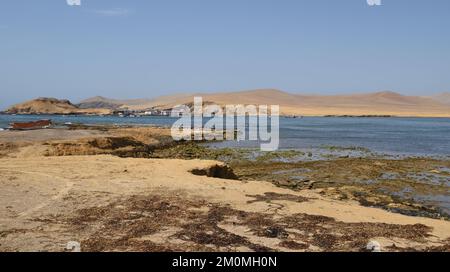 Paysage désertique extraordinaire le long de la côte Pacifique du Pérou au sud de Paracas. Vue de Bahia de Lagunillas à Lagunillas. Paracas Na Banque D'Images