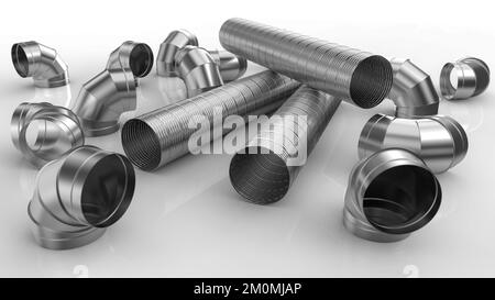 Conduit en spirale coudé galvanisé pour systèmes de climatisation et de ventilation dans les équipements industriels. Banque D'Images