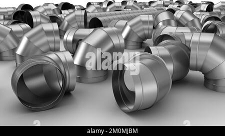 Conduit en spirale coudé galvanisé pour systèmes de climatisation et de ventilation dans les équipements industriels. Banque D'Images