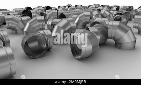 Conduit en spirale coudé galvanisé pour systèmes de climatisation et de ventilation dans les équipements industriels. Banque D'Images