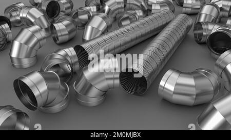 Conduit en spirale coudé galvanisé pour systèmes de climatisation et de ventilation dans les équipements industriels. Banque D'Images