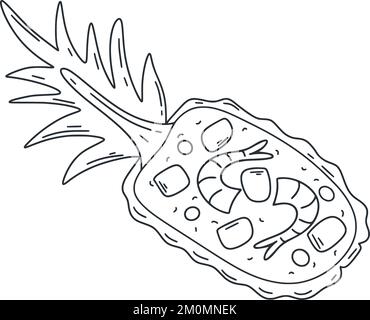 Illustration de l'ananas en forme de doodle à base de riz. Riz avec légumes et crevettes dans la moitié de l'ananas illustration vectorielle isolée. Cuisine asiatique, croquis à l'encre de vaisselle Illustration de Vecteur