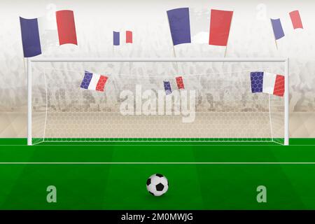 Les fans de l'équipe de football de France avec des drapeaux de France applaudissent au stade, le concept de penalty kick dans un match de football. Illustration de vecteur sportif. Illustration de Vecteur