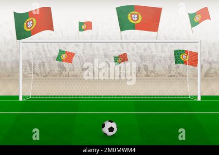 Portugal fans de l'équipe de football avec drapeaux du Portugal applaudissent sur le stade, le concept de penalty kick dans un match de football. Illustration de vecteur sportif. Illustration de Vecteur