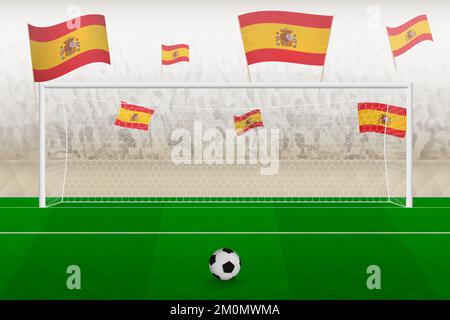 Les fans de l'équipe de football espagnole avec drapeaux de l'Espagne applaudissent au stade, le concept de penalty kick dans un match de football. Illustration de vecteur sportif. Illustration de Vecteur
