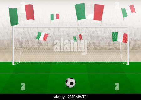Italie fans de l'équipe de football avec des drapeaux de l'Italie applaudissent sur le stade, le concept de penalty kick dans un match de football. Illustration de vecteur sportif. Illustration de Vecteur