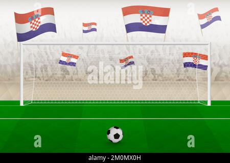 Les fans de l'équipe de football croate avec des drapeaux de Croatie applaudissent au stade, le concept de penalty kick dans un match de football. Illustration de vecteur sportif. Illustration de Vecteur