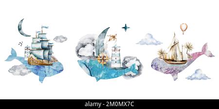 Baleine dans les nuages avec la lune, un phare et une boussole sur son arrière aquarelle illustration sur un fond blanc. Cerf-volant, signes et symbolisme Banque D'Images