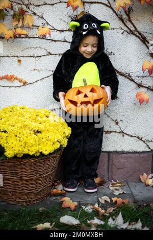 Gai Boy portant en costume de vampire batte Halloween avec citrouille jack-o-lanterne Banque D'Images