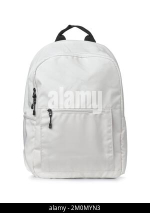 Vue avant du sac à dos en tissu blanc isolé sur blanc Banque D'Images