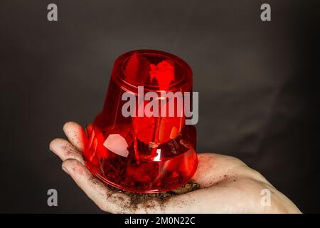 Gros plan sur la fleur rose sous la tasse rouge. Isolé sur le noir. Banque D'Images