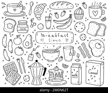 Mignon ensemble de nourriture pour le petit déjeuner - oeufs frits, bacon, toasts, saucisses, café, thé, flocons d'avoine, crêpes, flocons de céréales et autres. Illustration vectorielle d'une caniche dessinée à la main. Parfait pour les cartes, les décorations, le logo. Illustration de Vecteur