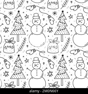 Joli motif sans couture de Noël avec sapins et branches, bonhomme de neige, pudding de Noël, moufles chaudes, flocons de neige, étoiles. Illustration vectorielle d'une caniche dessinée à la main. Idéal pour emballer du papier, des décorations. Illustration de Vecteur