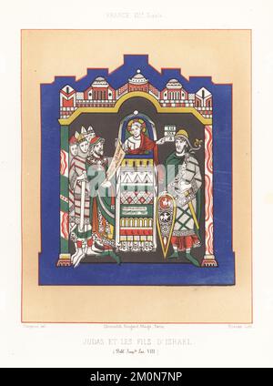 Judas et la tribu d'Israël, costume français, 12th siècle. Dieu dans le tabernacle tenant un rouleau et pointant vers Judas dans l'armure militaire avec épée et bouclier. Soldats en casques coniques et armure de hauberk de chaymail. D'une Bible manuscrite, MS latin VIII, Bibliothèque Impériale. Judas et les fils d'Israël, France, XIIe siecle. Chromolithographie de Krause d'après une illustration de Claudius Joseph Cirepai des Arts Somptuaires de Charles Louandre, The Sumptuary Arts, Hangard-Mauge, Paris, 1858. Banque D'Images