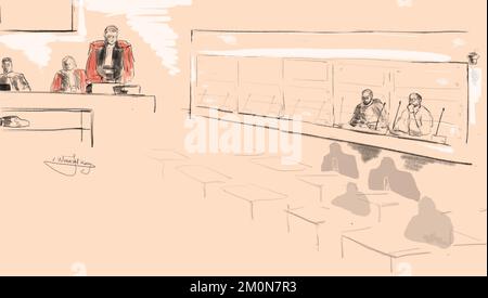 Ce dessin de Janne Van Woensel Kooy montre le procureur et la boîte avec accusé lors d'une session du procès des attentats de 22 mars 2016, au tribunal d'assises de Bruxelles-capitale, le mercredi 07 décembre 2022 sur le site de Justitia à Haren, Bruxelles. Sur 22 mars 2016, 32 personnes ont été tuées et 324 ont été blessées lors d'attentats suicide à l'aéroport national de Zaventem et à la station de métro Maalbeek/Maelbeek, qui ont été revendiqués par l'ISIL. BELGA PHOTO JANNE VAN WOENSEL KOOY Banque D'Images