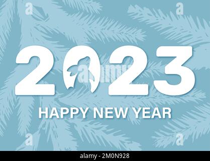 Bonne Année. 2023 année du signe du zodiaque de lapin. Inscription blanche avec un lapin sculpté sur fond bleu. Illustration vectorielle. Illustration de Vecteur