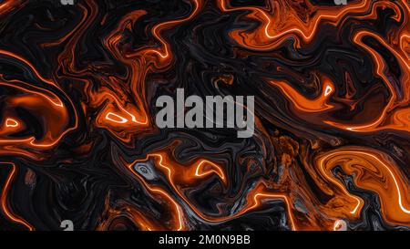 Arrière-plan abstrait de lave luxuriante ou de marbre liquide. Texture marbrure noire panoramique horizontale avec taches orange luminescentes. Modèle de bannière Banque D'Images