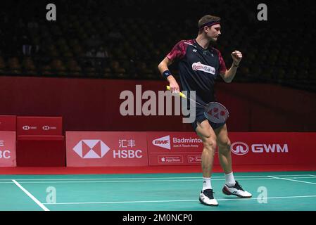 Bangkok, Thaïlande. 07th décembre 2022. Viktor Axlsen, du Danemark, vu en action lors de la Single des hommes de Badminton lors des finales du Tour mondial BTW HSBC 2022 au stade Nimibutr. Viktor Axlsen a remporté le prix de lu Guang zu 2-0 (21-13, 21-11). Crédit : SOPA Images Limited/Alamy Live News Banque D'Images