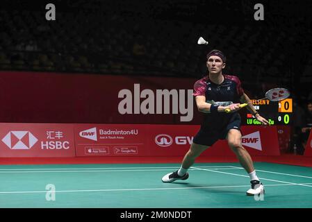 Bangkok, Thaïlande. 07th décembre 2022. Viktor Axlsen, du Danemark, vu en action lors de la Single des hommes de Badminton lors des finales du Tour mondial BTW HSBC 2022 au stade Nimibutr. Viktor Axlsen a remporté le prix de lu Guang zu 2-0 (21-13, 21-11). (Photo de Peerapon Boonyakiat/SOPA Images/Sipa USA) crédit: SIPA USA/Alay Live News Banque D'Images