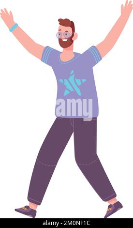 Joyeux homme dans des verres disco. Personne de fête avec les mains levées isolée sur fond blanc Illustration de Vecteur