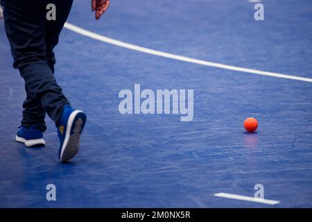 Hambourg, Allemagne. 07th décembre 2022. Une balle de hockey sur gazon est sur le terrain avant le début d'un match préliminaire. Credit: Gregor Fischer/dpa/Alay Live News Banque D'Images