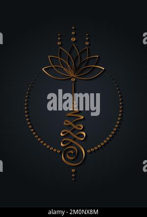 Symbole de fleur de lotus de l'Unalome doré, signe hindou ou bouddhiste représentant le chemin vers l'illumination. Icône yantras Tattoo. Dessin à l'encre feuille d'or simple Illustration de Vecteur