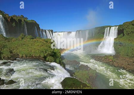 Vue imprenable sur les puissantes chutes d'Iguazu du côté brésilien avec un arc-en-ciel, Foz do Iguacu, Brésil, Amérique du Sud Banque D'Images