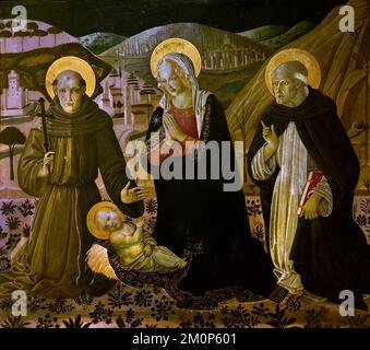 Madonna, Saint Francis, Saint Dominic wordhip l'enfant,1497 Pier Francesco Fiorentino 1444 1497 Museo Civico de San Gimignano, Toscane, Christian Art, Italie, Italien. Banque D'Images