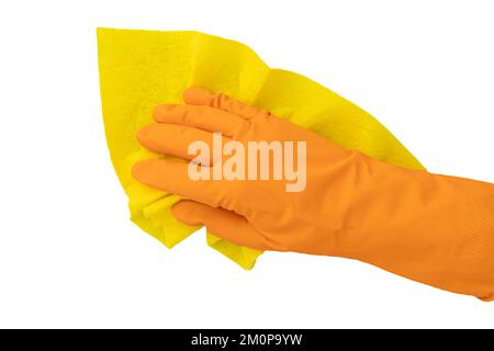 main dans le gant en caoutchouc maintient le chiffon jaune sur fond blanc, concept de nettoyage de maison Banque D'Images