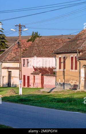 Un cliché vertical du village médiéval-saxon de Viscri en Roumanie avec des maisons anciennes peintes Banque D'Images