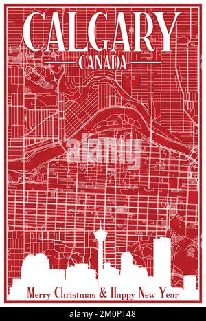 Carte postale de Noël rouge d'époque dessinée à la main du centre-ville DE CALGARY, CANADA, avec des lignes d'horizon et des lettres mises en valeur Illustration de Vecteur