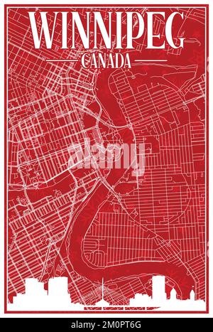 Carte postale de Noël rouge d'époque dessinée à la main du centre-ville DE WINNIPEG, CANADA, avec des lignes d'horizon et des lettres mises en valeur Illustration de Vecteur