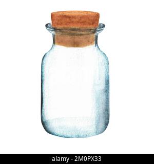 Petite bouteille en verre aquarelle dessinée à la main. Vue avant Banque D'Images