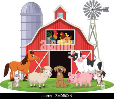 Animaux de la ferme de dessin animé dans la cour de la ferme Illustration de Vecteur