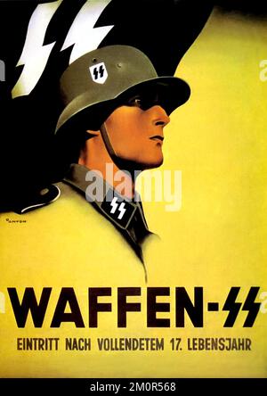 1935 CA, ALLEMAGNE : le dictateur allemand de Fuhrer ADOLF HITLER ( 1889 - 1945 ), dirigeant du troisième Reich . Affiche de propagande pour l'enrôlement militaire NAZIST dans WAFFEN SS Schutzstaffel ( Eintritt Nach Vollendetem 17 . Lebensjahr - trad: Entrée après avoir tourné 17 . âge ). L'organisation nationale socialiste, le plus important vecteur de terreur et la politique d'extermination de l'État national socialiste, était le SS . Conçu par l'illustrateur ANTON . - SECONDE GUERRE MONDIALE - NAZI - NAZIST - NAZAISME - NAZISTA - NAZISMO - SECONDA GUERRA MONDIALE - WW2 - GUERRE MONDIALE II - DITTATORE - POLITICA - POLITHO - PROFILO - PROF Banque D'Images