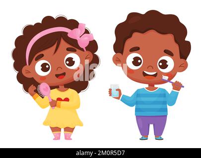 Jolie fille ethnique peignant ses cheveux et un garçon à la peau sombre brosse ses dents. Hygiène personnelle, soins personnels et beauté. Enfants d'illustration vectorielle dans Illustration de Vecteur